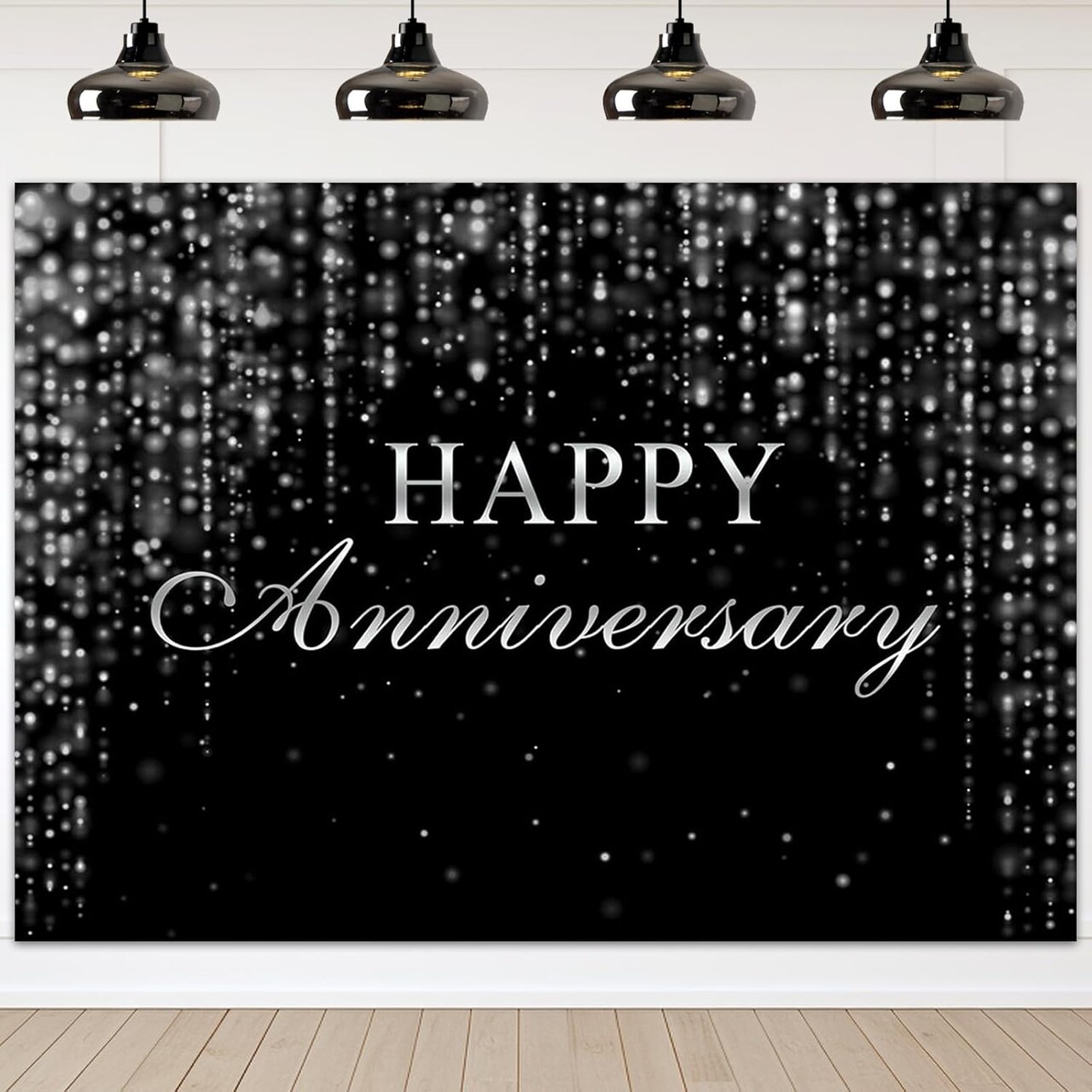 (7x5ft) Happy Anniversary Backdrop Black Silver Anniversary Background